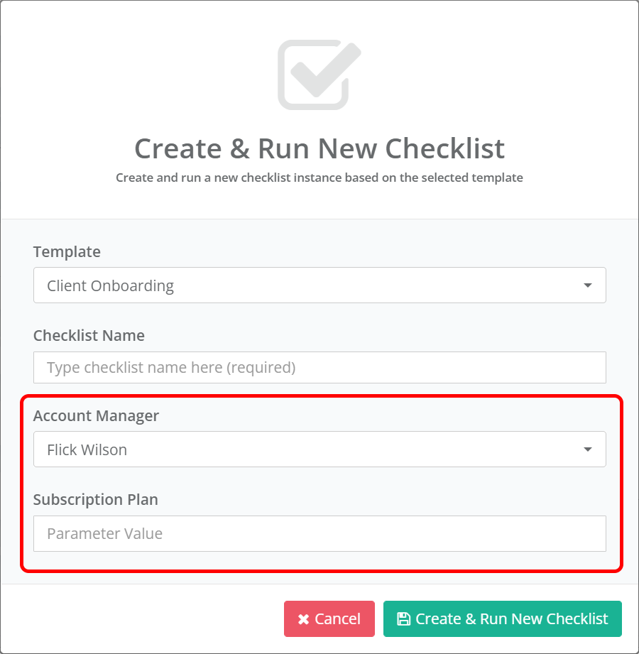 The parameter prompt shown when creating a checklist