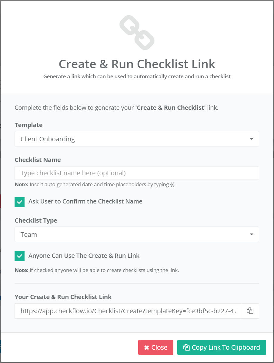 Generate Create & Run Checklist Link Modal Popup