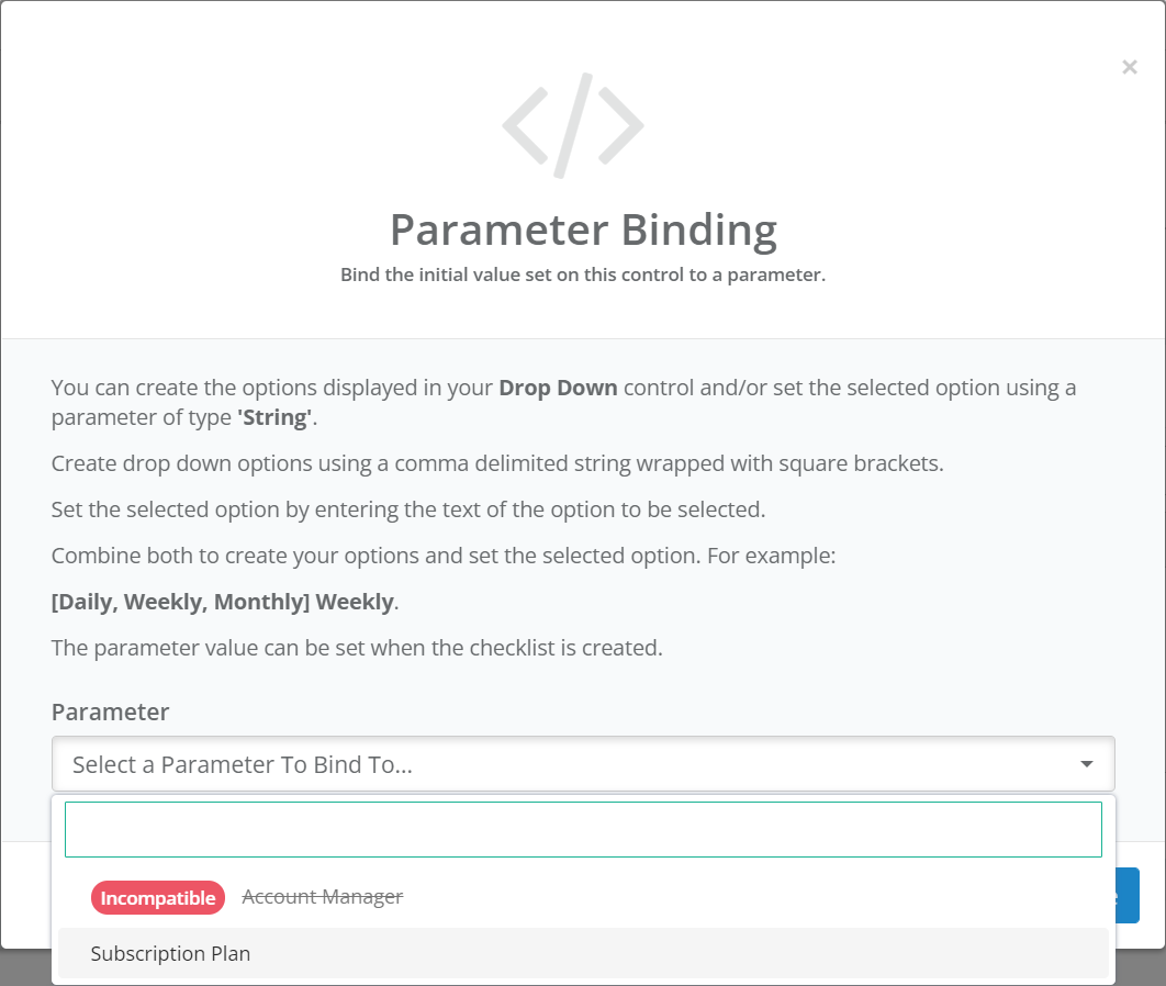 Control Parameter Binding Popup